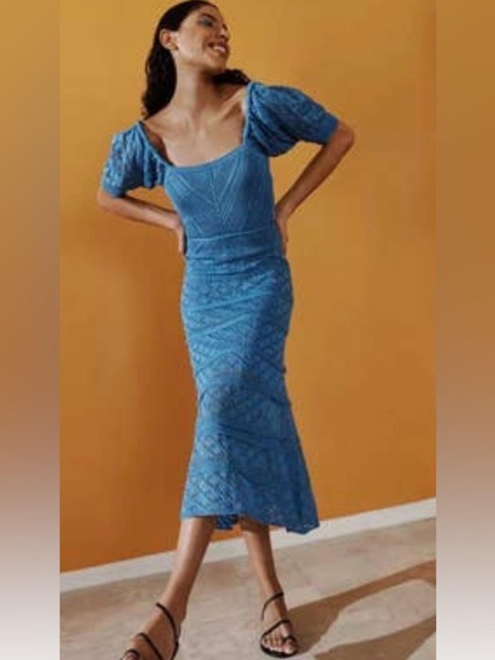 Aqua Puff Sleeve Crochet Cerulean Blue Midi Dress